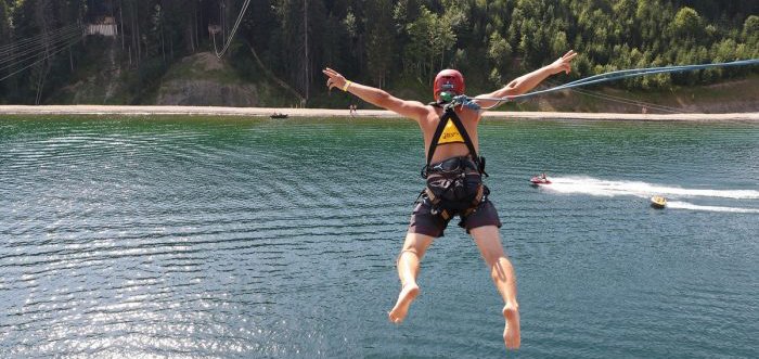 Jumping from a height adrenaline tower in bukovel from activeday. buy tickets for extreme entertainment for a promotion.