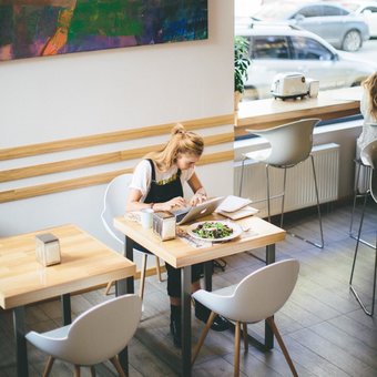 The interior of the cafe "16/54". Discounts on all menus