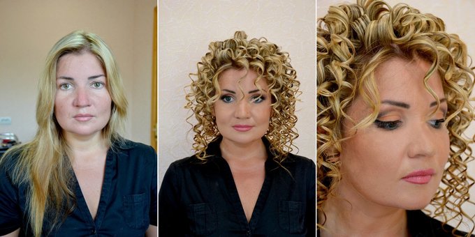 Curls and evening make-up in the beauty salon "Eclips" in Nikolaev. Sign up to the stock master.